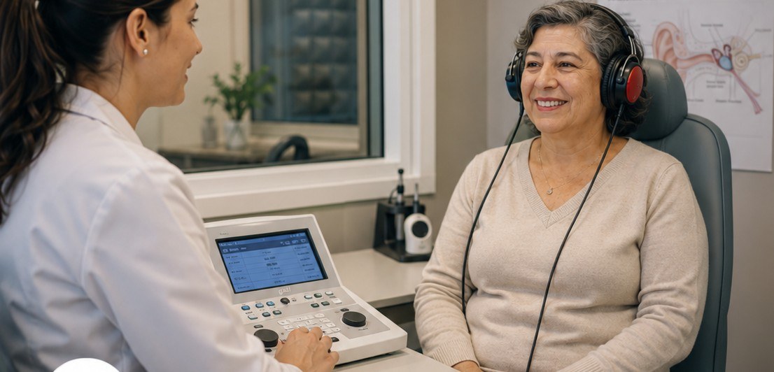 Especialista realizando una audiometría